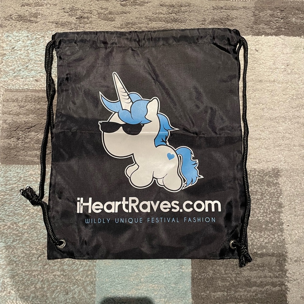 iHeartRaves Black Drawstring Bag with Unicorn Design